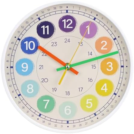Kids Wall Clock Telling Time Silent Non-Ticking Learning Clock Colorful Teaching Wall Clocks Round Plastic Analog Educational Decor Clock for Classroom, Playroom, Bedroom(EDU3-White, 10 inch) by BAKBRAND