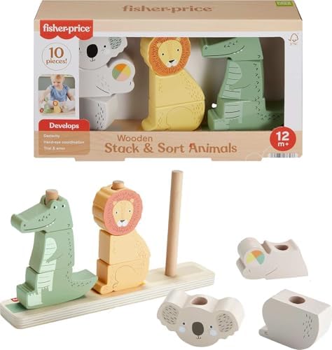 Fisher-Price Wood Baby Toy Stack & Sort Animals, 10 Wooden Pieces for Developmental Play for Infants & Toddlers Ages 1+ Years by Fisher-Price