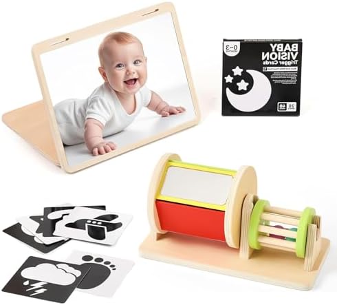 IEATFO Tummy Time Play Set | Large Baby Safe Mirror and Card Display Stand | Wooden Spinning Drum & Rolling Rattle by IEATFO