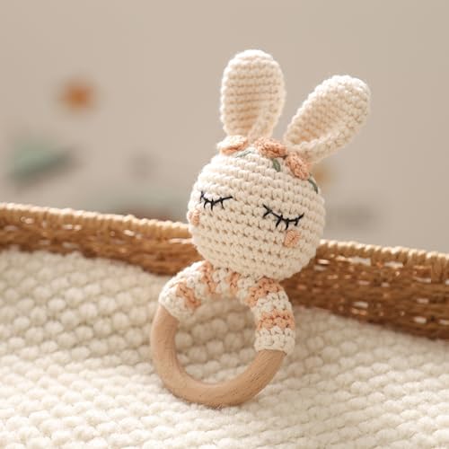 Natural Hand-Knit Wooden Baby Rattle - Soft Animal Shaped Sensory Toy for Newborns, Infants | Safe Beechwood & Crochet Texture | Perfect Baby Shower Gift - Image 2