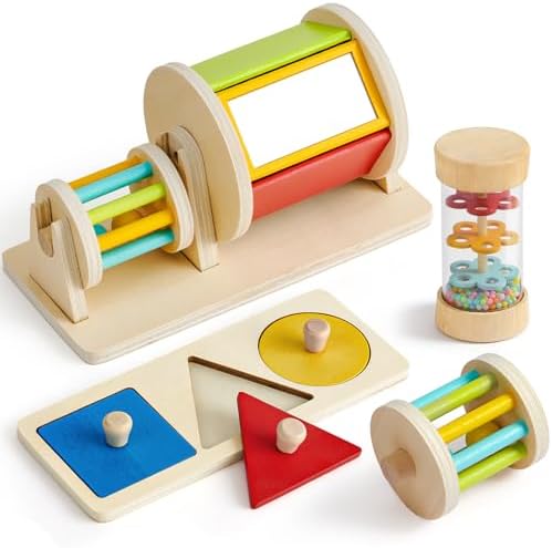 Toyssa Wooden Montessori Toys for Babies12 months with Rainbow Color and Mirror Spinning Drum/Baby Shape puzzle 12+ months/Sensory Toy Rain Rattle, Montessori Toys Gifts for Toddlers 1 Years Old by Home