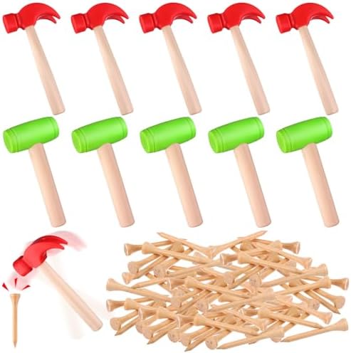 10Pcs Toy Hammer Set With 100Pcs Small Wooden Simulation Fake Maintenance Tools, Plastic Toddler Claw Hammer, Portable Pretend Play Mallet for Boys Girls by Haiabei