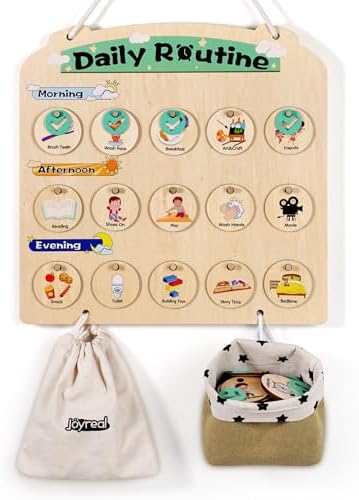 Wooden Visual Schedule for Kids 3-6 Year Old - Three Rows Hanging Daily Schedule Chart for Home & Classroom - Morning Bedtime Routine Chart Chore Reward Chart for Toddlers - Autism Learning Materials by Joyreal