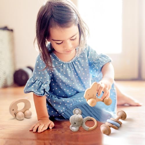 let's make Wooden Baby Rattle 3 PCS Push Car Rattle Set Crochet Rattle Ring Wooden Montessori Toy for Newborn Infant Baby Gifts (Rabbit Rattle) - Image 6