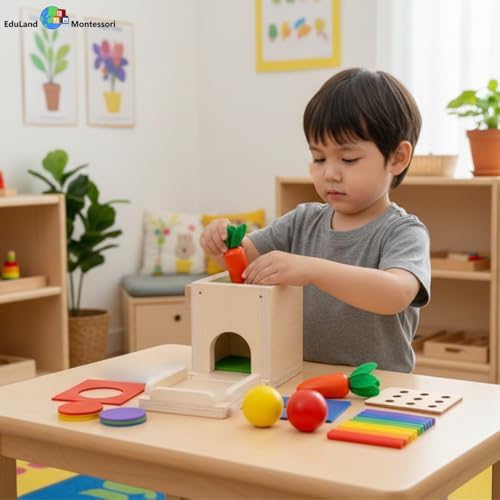 Practical Life Sensory Geometri Wooden Blocks 4-in-1 Toddlers Kit, Object Permanence Posting Coin Box, Carrot Harvest, Color Sticks Push- Matching, Motor Skill for Toddler 3-6 Years - Image 2