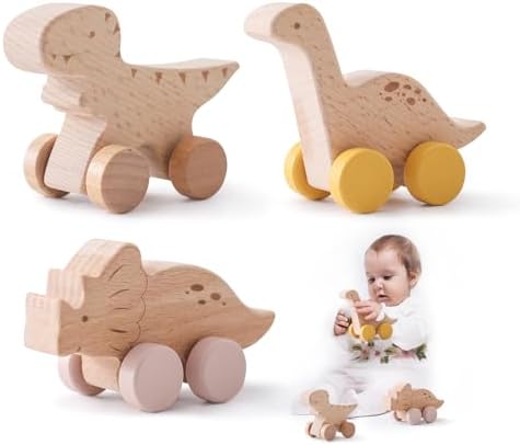 Wooden Dinosaur Cars Montessori Toys for Babies Baby Push Car Toys Wooden Toy Vehicles Development and Infant Grasping Montessori Toys(3PCS) by ibwaae