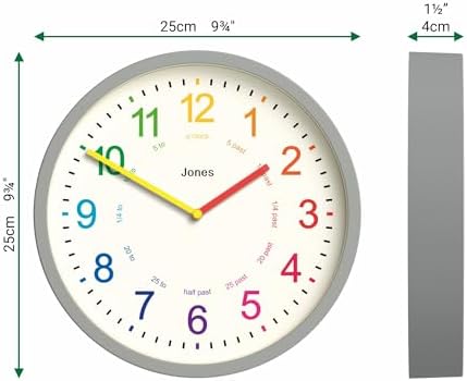 JONES CLOCKS® Kids wall Clock | Small Modern Children’s Nursery Clock | 10" | Gray | Colourful dial for Learning to Tell the time - Image 3