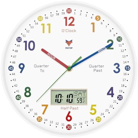 Foxtop Digital and Analog Learning Clock for Kids - Telling Time Teaching Clock 12 Inch Silent Non-Ticking Battery Operated Kids Wall Clock for Kids Room Playroom Nursery Classroom School (White) by Foxtop