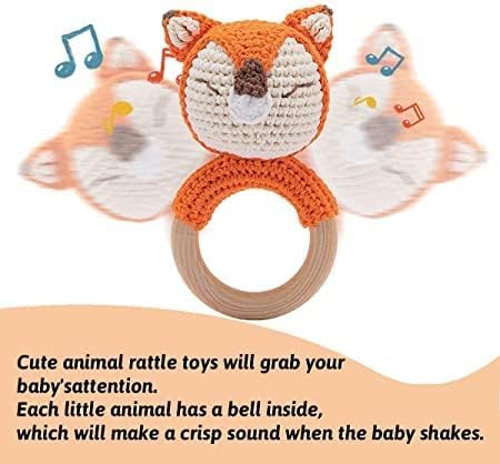 Wooden Baby Rattle Crochet Fox Baby Toys Handmade Newborn Toy Early Development Grips Stuffed Animal Organic Rattle - Image 2