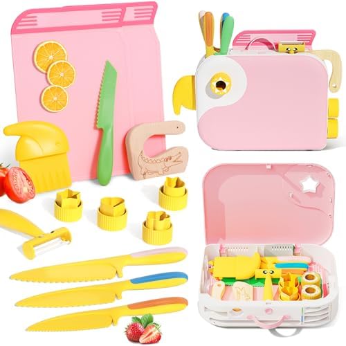 Montessori Kitchen Tools for Toddlers,Kids Knife for Real Cooking,Toddlers Knife Set with Storage Box Kids Safe Knives Children Cutting Set and Peeler,Montessori Toys for Kitchen Set -Pink by Lullulii
