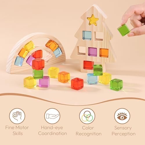 Woodtoe Wooden Building Blocks Set for Kids, Rainbow & Tree Wood Frame - 24 PCS Acrylic Gem Cubes Stacking Blocks, Montessori Stacking Toys, Educational Birthday Toys Gift for Toddlers 3-6 - Image 6