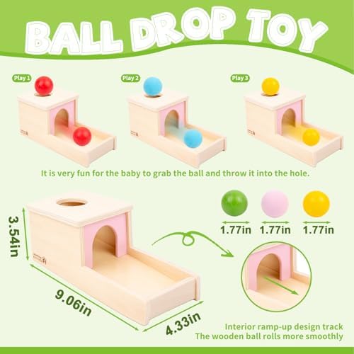 Adena Montessori Object Permanence Box with Tray Three Balls Montessori Toys for 6-12 Months Baby 1 Year Old Infant Toddler Wooden Pink Door for Girl - Image 3