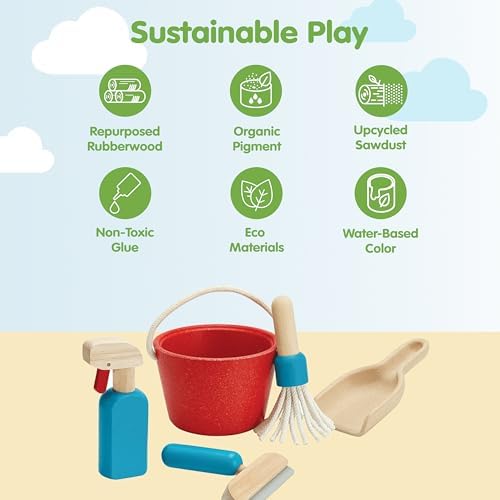 PlanToys® Cleaning Set | Montessori Wooden Housekeeping Play Set for Kids | Includes Broom, Mop, Dustpan, Bucket & Duster | Eco-Friendly Pretend Play Toy for Practical Life Skills & Responsibility - Image 3