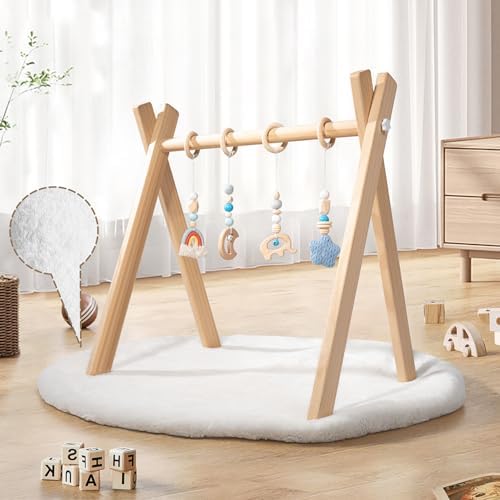 Wooden Baby Play Gym with Activity Mat, Foldable Baby Gym Frame with Hanging Sensory Toys for Newborn, Tummy Time Playground by XYMERO-NaturalWondersBrighterMinds