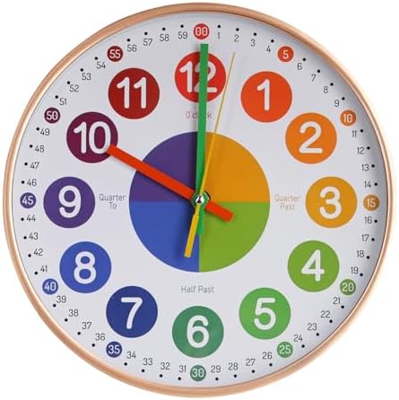 Kids Wall Clock Telling Time Silent Non-Ticking Learning Clock Colorful Teaching Wall Clocks Round Plastic Analog Educational Decor Clock for Classroom, Playroom (EDU1-Rose Gold, 10 inch) by BAKBRAND