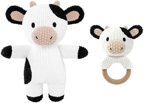 10" Handmade Crochet Cow Stuffed Animal, Baby-Safe Cotton Plush with Rattle, Hypoallergenic Toy for Newborns 0-12 Months, Ideal Baby Shower & 1st Birthday Gift by Okegztoa