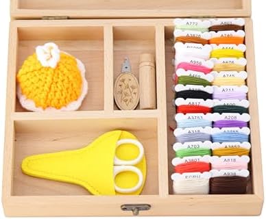 Sewing Box Montessori Practical Life Wooden Sewing Box with Embroidery Thread, Scissors Case, Pin Cushion, Educational Craft Kit for Kids 5+ by MVita