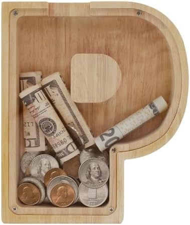 Wooden Letter Piggy Bank for Kids Boys Girls, A-Z Letters Wood Coin Bank Money Box, Piggy Bank for Toddler Family Christmas Birthday Gift(P) by FINDAMAZE