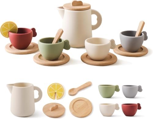Enchanting Wooden Tea Party Set - Silicone Teapot, Cups & Carrying Scoop - Perfect for Little Girls' Tea Party & Kitchen Play - Toddler Gift by YOUUYS