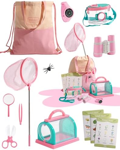 ROBUD Upgraded Bug Catcher for Kids, Bug Catching Kit with Bag Kit, Pink Outdoor Exploration Set for Camping, Montessroi Toy for Kids Coming Closer to Nature，WRP59 by ROBUD