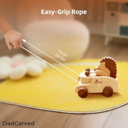 Hedgehog Pull Toy | Montessori Wooden Pull-Along Walking Toy with Wooden Grip Ring | Natural Drumming Sound for Kid Toddlers - Image 3