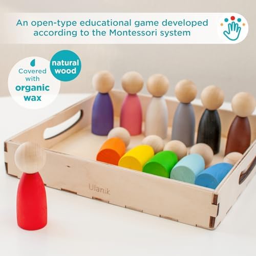 Ulanik Large Peg Dolls for Sorting Toddlers Montessori Toys for 1+ Year Old Baby Dolls Wooden Games for Learning Color Sorting & Counting — 12 Gnomes - Image 5