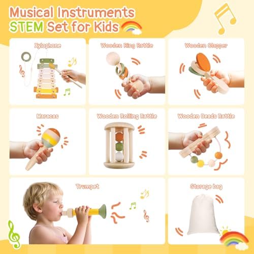 Wooden Musical Instruments for Toddlers 2+ Year Old Montessori Xylophone Maracas Clapper Rattles Trumpet Baby Musical Toys with Storage Bag Gifts for Boys Girls - Image 2