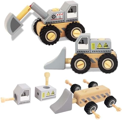 Construction Vehicles for Toddlers, 2 Pcs Wooden Detachable Assemble Bulldozer and Excavator, Kids Vehicle Toys Hand Push Car Toys for 3 Years Old Boys Girls by WoodenEdu