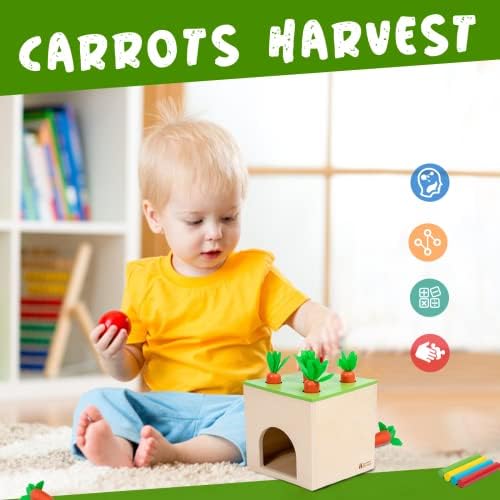 Adena Montessori 6 in 1 Play Kit Toy- 3 Nesting & Stacking Boxes, Object Permanence Drop Game, Coin Box, Carrot Harvest,Tissue Box,Sticks Matching Game for 6-12 Months 1 Year Old Toddlers 2 Year - Image 3