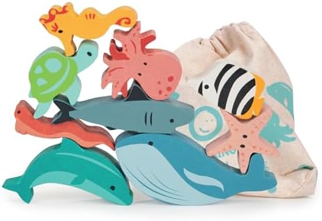 Mentari Toys - Happy Stacking Ocean - 9pc Wooden Stacking Toy for Toddlers - Colorful Sea Themed Balancing Activity Toy with Bag - Boost Fine Motor Skills and Dexterity - Educational Toy - Age 18m+ by MentariToys