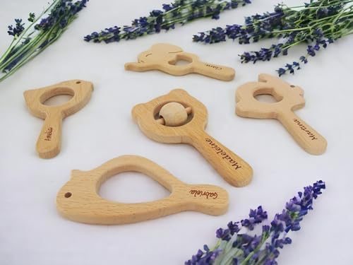 Personalized Wooden Baby Teether Rattle Set as a First Birthday Gift, ustomizable Newborn Baby Rattle Teether Baby Shower Gift, Welcome Baby Gift, 5 Pieces Montessori Wooden Babies Toys 0-6 Months - Image 7