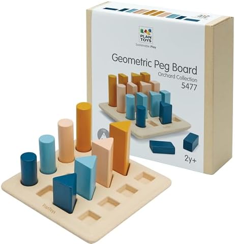 PlanToys® Wooden Geometric Peg Board Montessori Shape Sorting Stacking Toy by PlanToys