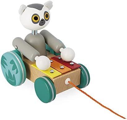 Janod - Tropik Pull-Along Lemur Xylophone - 2-in-1 Wooden Early-Learning Toy - Musical Educational Toy - Walking and Balancing - Water-Based Paint - 18 Months + J08270 by Janod