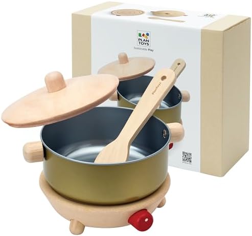 PlanToys® Wooden Cookery Set with Stove, Pot & Ladle Montessori Kids Play by PlanToys