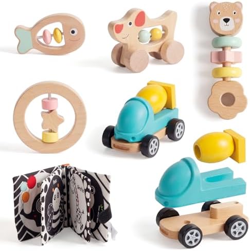 Wooden Rattle for Baby, 6Pcs Montessori Infant Toys Set by WoodenEdu