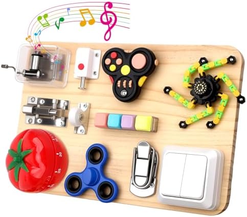 Fidget Spinner Pad Busy Board Toys Robot Fidget Spinner Music Box Switch Latches Keyboard Sensory 11 in 1 Wooden Montessori Travel Activity Board Focus Toy Motor Skills Gift for Girls Boys by DILABNBA