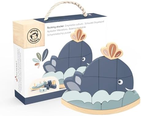 Speedy Monkey Rocking Stacker – Whale Balance Game, 13 Wooden Pieces, Fun Skill Challenge for Family, Develops Hand-Eye Coordination, Fine Motor Skills, Non-Toxic Paint, For Kids 2-6 Years by SpeedyMonkey
