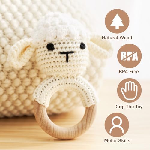 Wooden Baby Rattle - Crochet Lamb and Animal Toy for Newborns and Infants - Image 2