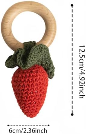 Wooden Baby Rattle Toys Stuffed Crochet Rattle with Teether Ring for Newborn Babies Fruit Wooden Teether Toy Infant Toddler Handcrafted Crochet Rattles Cute Shower Gifts for Boy and Girls - Image 2