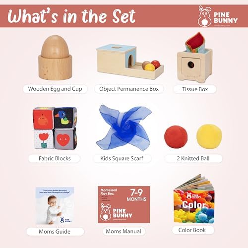 Pine Bunny Montessori Wooden 10-in-1 Toy Set for 7+ Months, Object Permanence Box, Egg and Cup, Tissue Box, Fabric Blocks, Scarf, Educational Learning Sensory Development Fine Motor Skills Baby Toys - Image 2