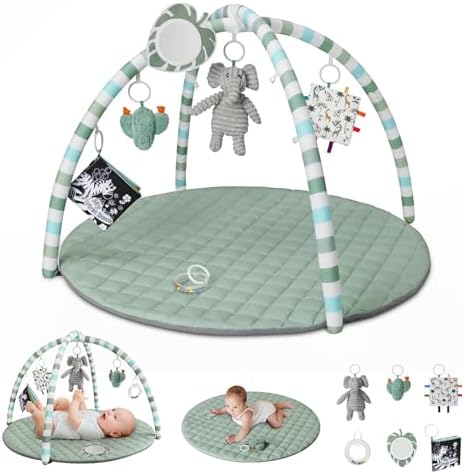 Blissful Diary Baby Play Gym Mat, Play Mat Activity Mat with 6 Detachable Toys for Stage-Based Sensory & Motor Skill Development, Easy to Install & Clean, Baby Essentials Gift, Sage Green by BlissfulDiary