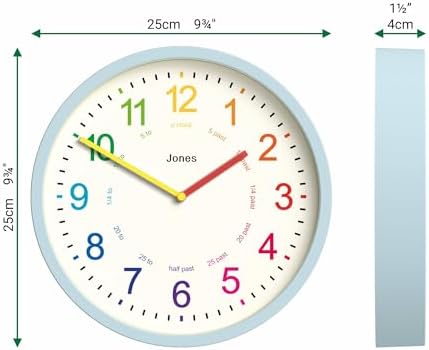 JONES CLOCKS® Kids wall Clock | Small Modern Children’s Nursery Clock | 10" | Pale Blue | Colourful dial for Learning to Tell the time - Image 3