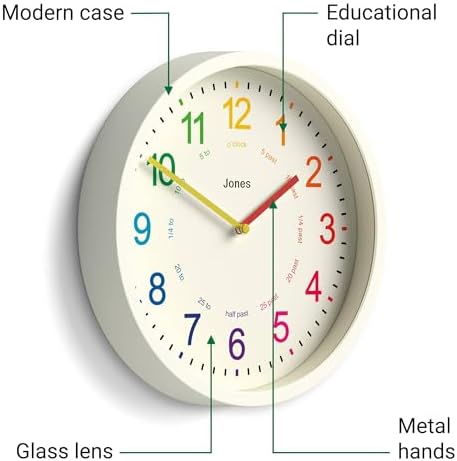 JONES CLOCKS® Kids Wall Clock | Small Modern Children’s Clock | 10 inch | Pale Cream | Colourful Numbers | Learn to Tell The time - Image 5