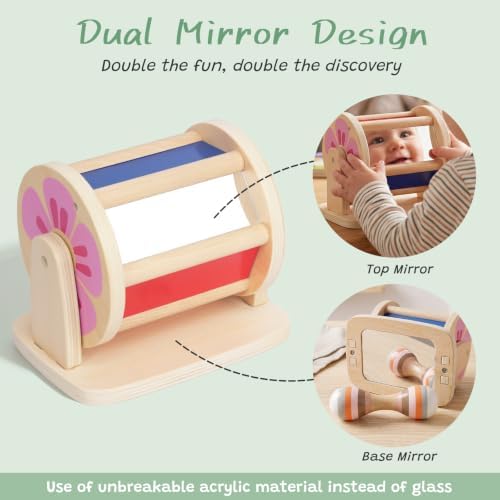 WOODENFUN Montessori Spinning Drum Baby Toys Wooden Tummy Time Mirror Kit - Image 2