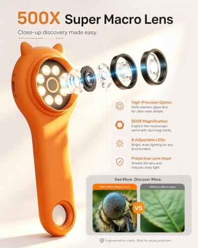 Bug Exploration Microscope for Kids, 500X Handheld Digital Microscope with 2" IPS Screen, Backyard Adventure STEM Science Toy Age 5-12 (Orange) - Image 3