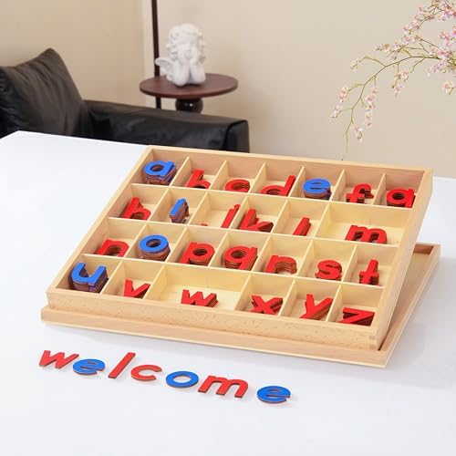 Premium Wooden Movable Alphabet 15in 2.5 lbs,155 Lowercase Letters with Beechwood Box,Montessori Toys Red Blue Letters for First Writing Reading Homeschool Language Material Small Movable Alphabet by PENEPICO-SIMPLELIFE