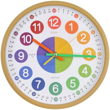 Kids Wall Clock Telling Time Silent Non-Ticking Learning Clock Colorful Teaching Wall Clocks Round Plastic Analog Educational Decor Clock for Classroom, Playroom, Bedroom (EDU1-Wood, 10 inch) by BAKBRAND