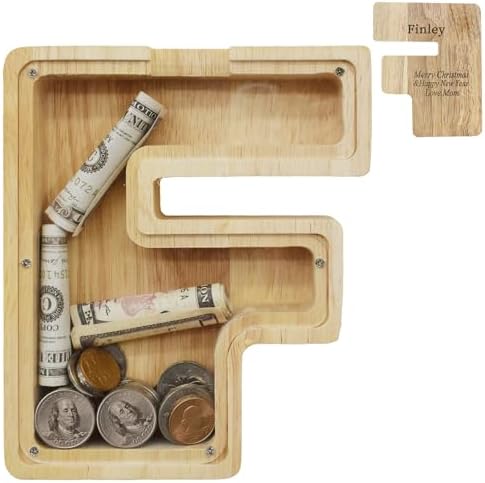Wooden Letter Piggy Bank for Kids Boys Girls,Personalized Piggy Bank (Laser Engraving),A-Z Letters Coin Bank Money Box Customized Name, for Family Christmas Birthday Gift (F) by FINDAMAZE