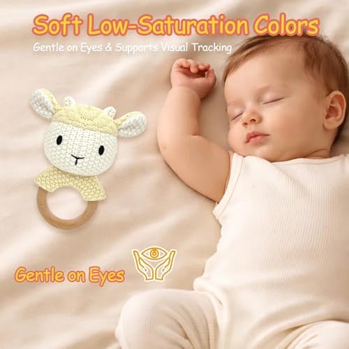 Sheep Baby Rattle for Newborn Plush Rings Crochet Lamb Teether Toy Baby Shower Wood Handle Textured Sensory Grip Fine Motor Skills Teething Toy Cute Farm Animal Plush Stuffed Stuffer Photo Prop - Image 5