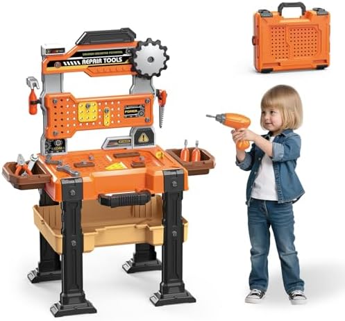 Kids Tool Bench for Toddler Pretend Play Workbench Mechanic Set with Realistic Tools and Electric Drill Spark Creativity and Boost Social Skills by KUSCOR